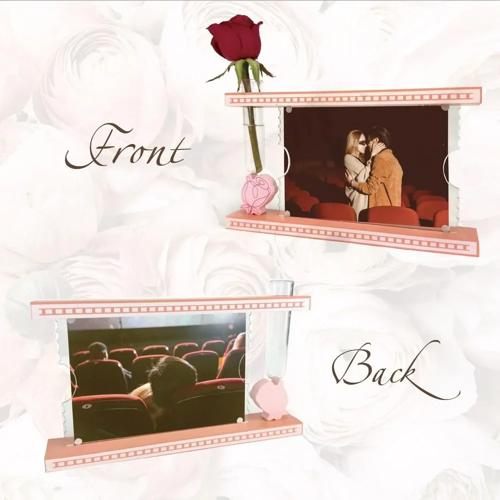 Valentine’s Day Picture Frame with Glass Vase – 4x6 Pink Floral Wood Frame Gift